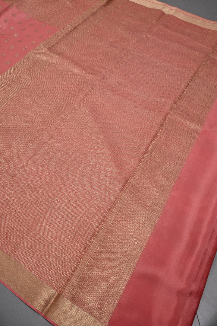 Peachy Pink Mysore Silk Saree with Brocade-Zari Buttas Grid Design and Minimal Zari Border | SILK MARK CERTIFIED | SHOBITAM