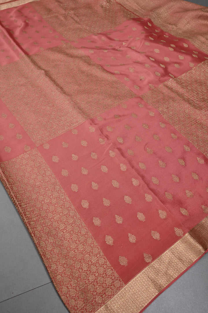 Peachy Pink Mysore Silk Saree with Brocade-Zari Buttas Grid Design and Minimal Zari Border | SILK MARK CERTIFIED | SHOBITAM