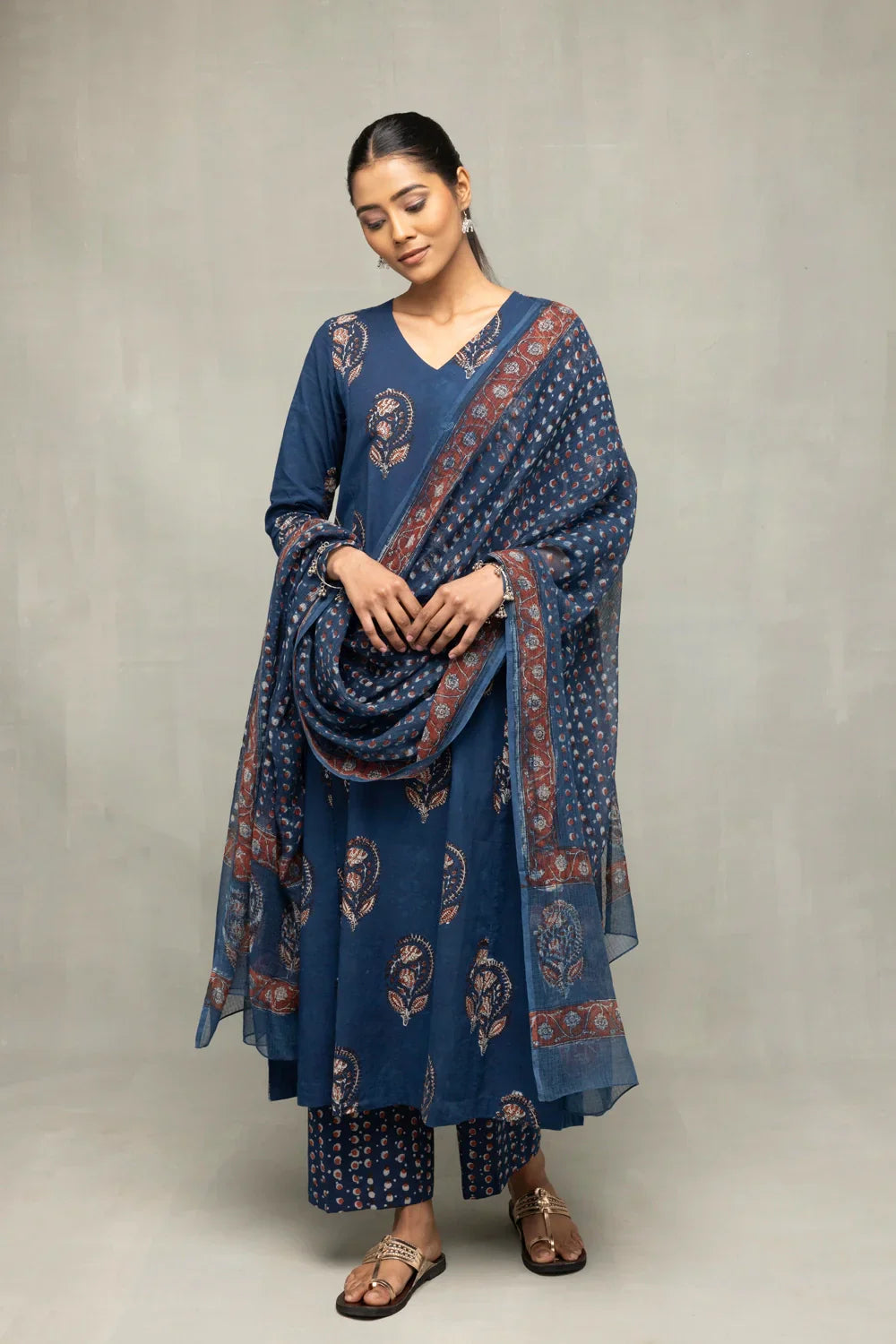 Indigo Hand Block Printed Kurta Set with Dupatta  | SHOBITAM