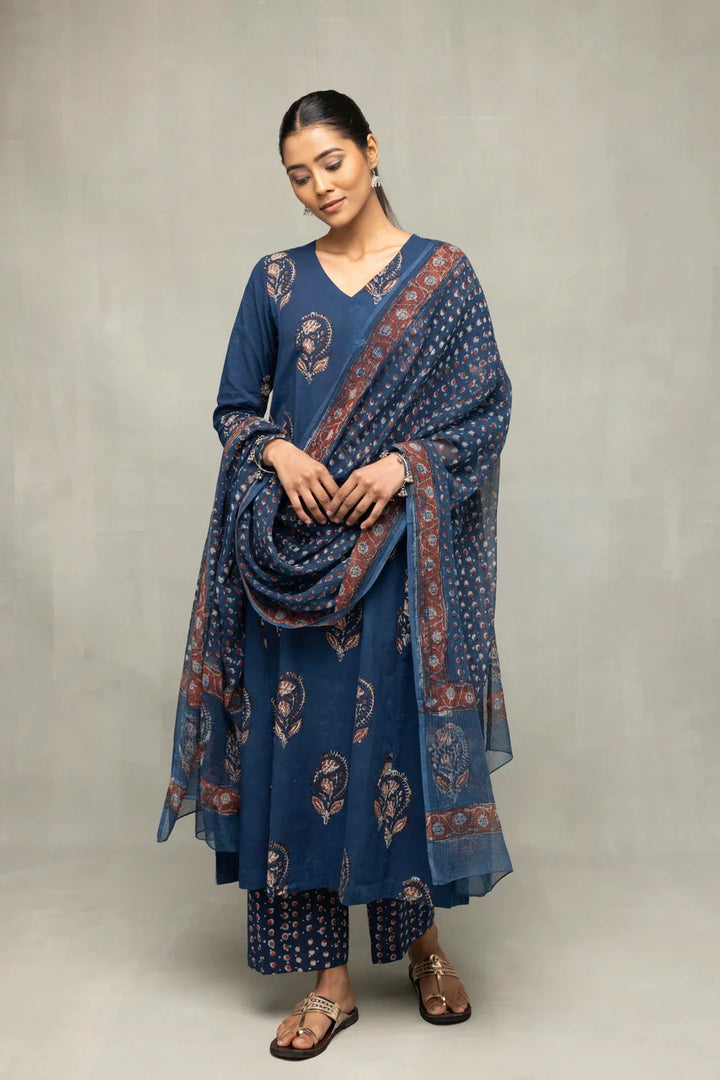 Indigo Hand Block Printed Kurta Set with Dupatta  | SHOBITAM