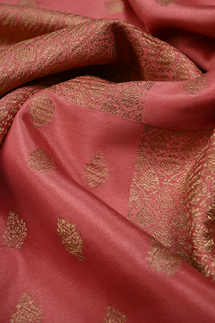 Peachy Pink Mysore Silk Saree with Brocade-Zari Buttas Grid Design and Minimal Zari Border | SILK MARK CERTIFIED | SHOBITAM