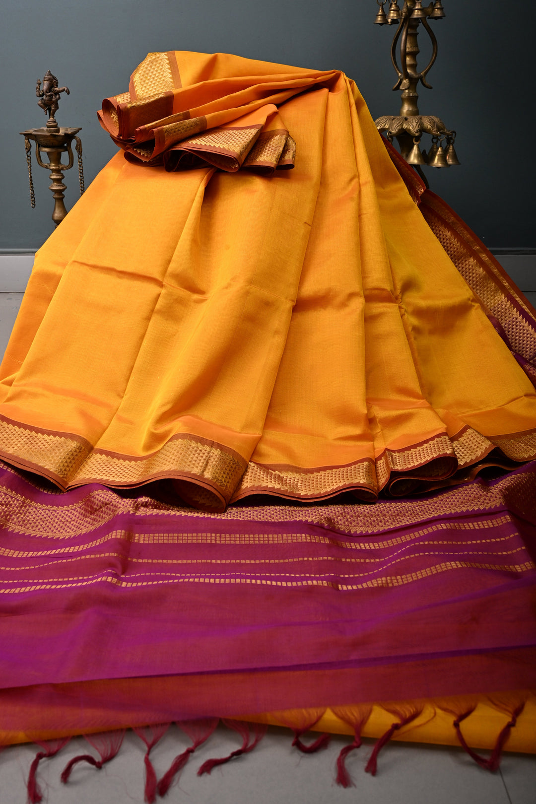 Mustard Yellow 9 Yards Madisar Silk Cotton Saree with Contrast Zari Border ,No Blouse Piece