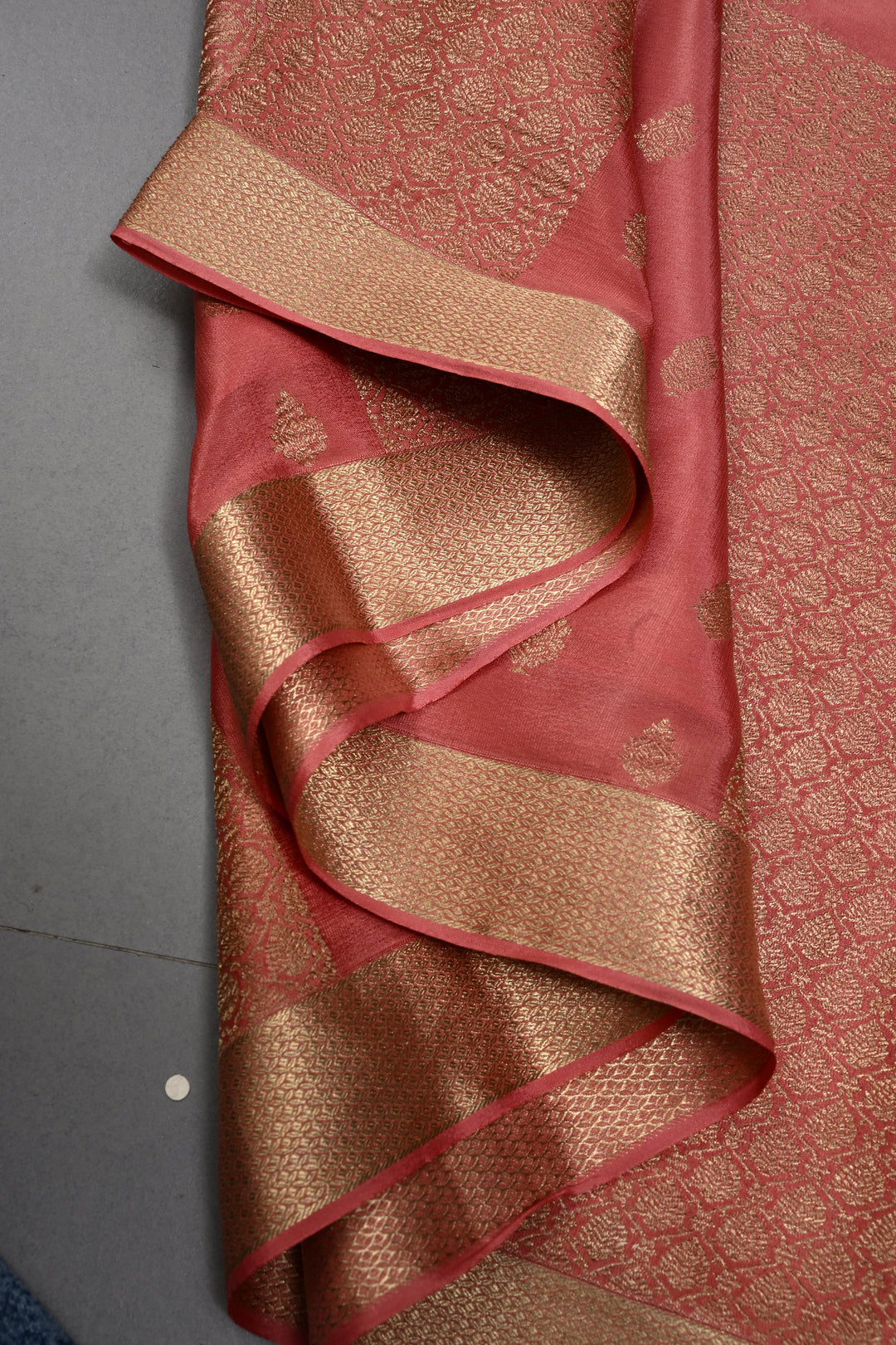 Peachy Pink Mysore Silk Saree with Brocade-Zari Buttas Grid Design and Minimal Zari Border | SILK MARK CERTIFIED | SHOBITAM