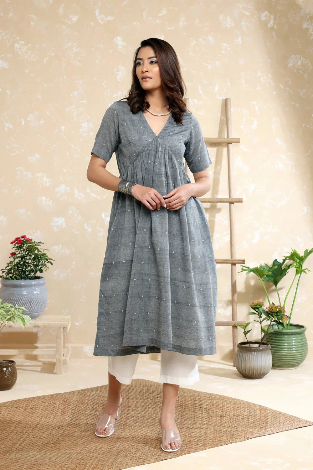 Handloom Grey Soft Cotton Jamdani Kurta Set With Dupatta | SHOBITAM