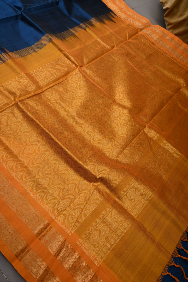 Prussian Blue 9 Yards Madisar Silk Cotton Saree with Contrast Zari Border ,No Blouse Piece