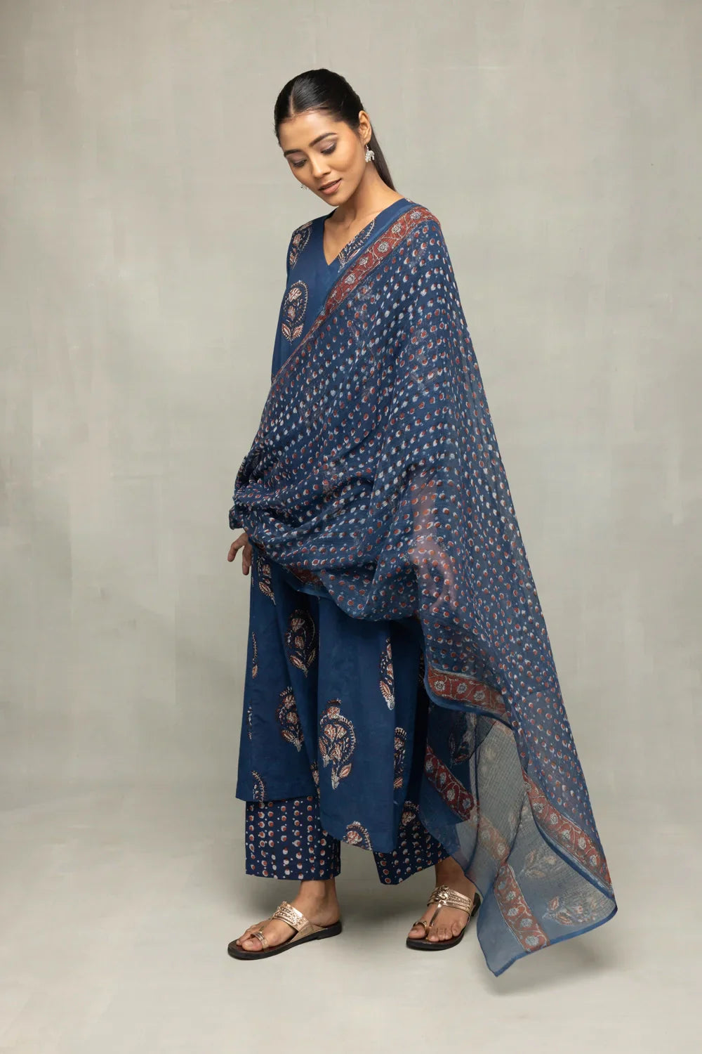 Indigo Hand Block Printed Kurta Set with Dupatta  | SHOBITAM