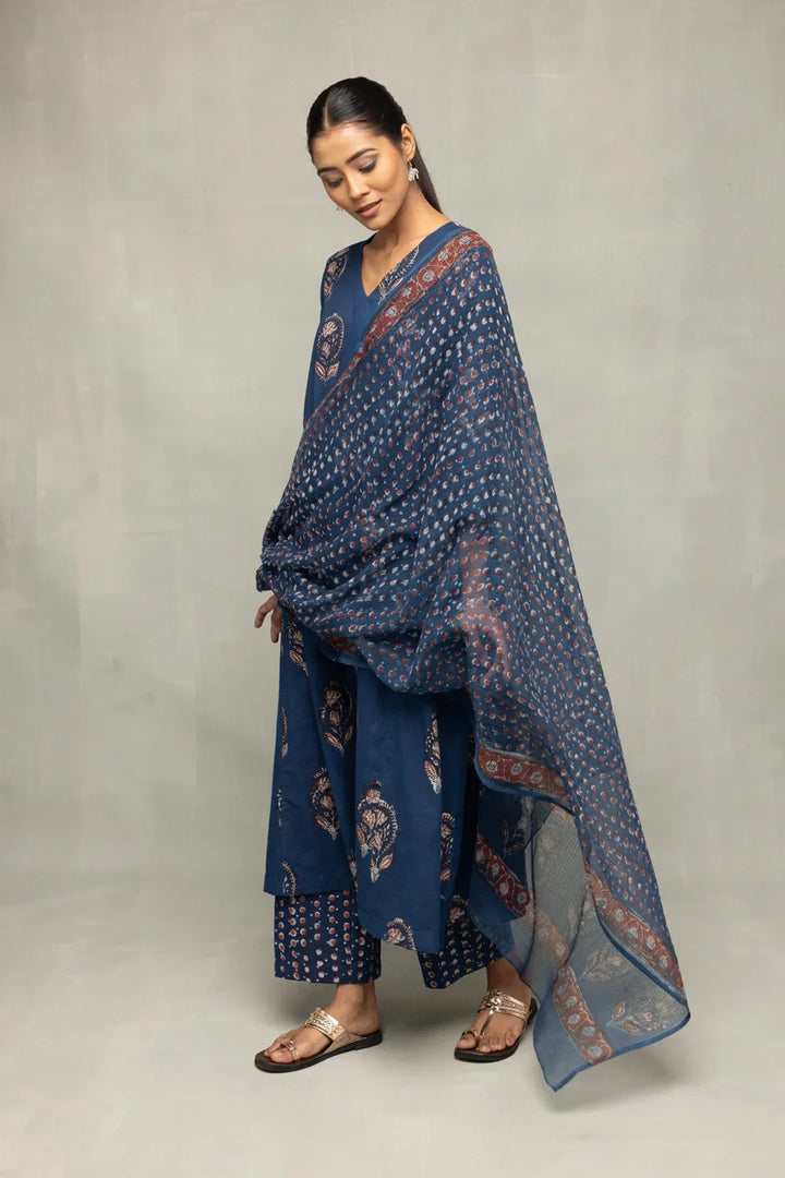 Indigo Hand Block Printed Kurta Set with Dupatta  | SHOBITAM