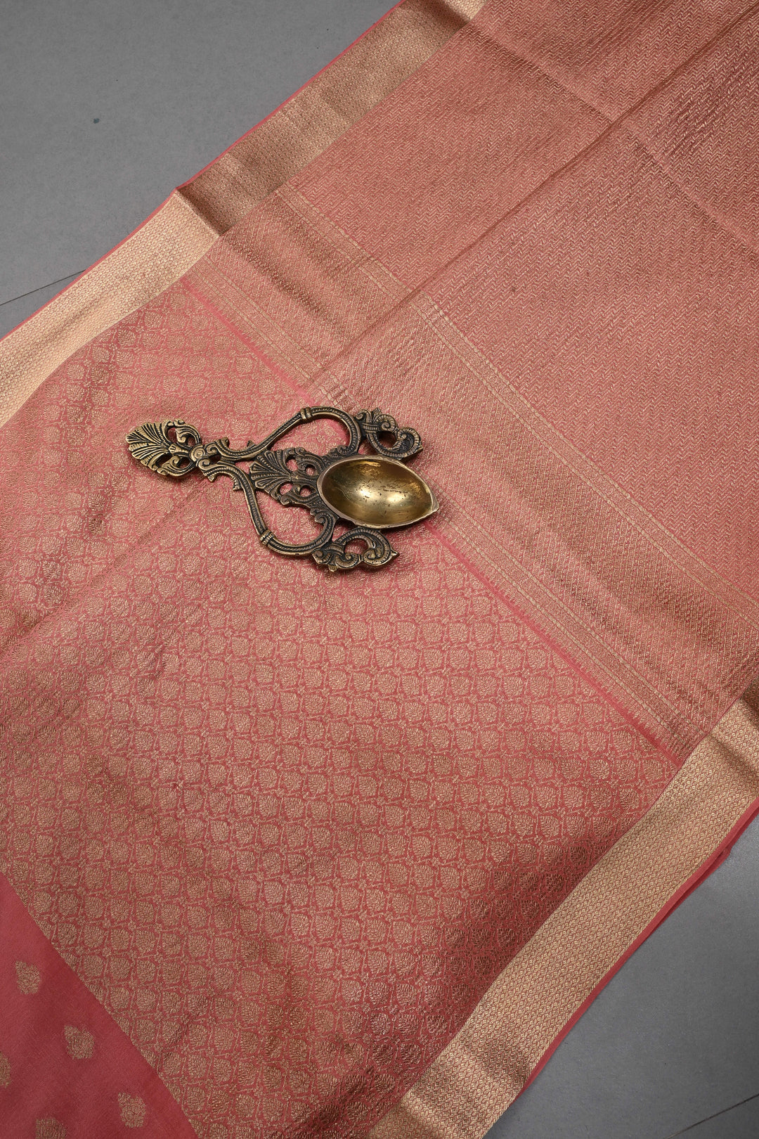 Peachy Pink Mysore Silk Saree with Brocade-Zari Buttas Grid Design and Minimal Zari Border | SILK MARK CERTIFIED | SHOBITAM