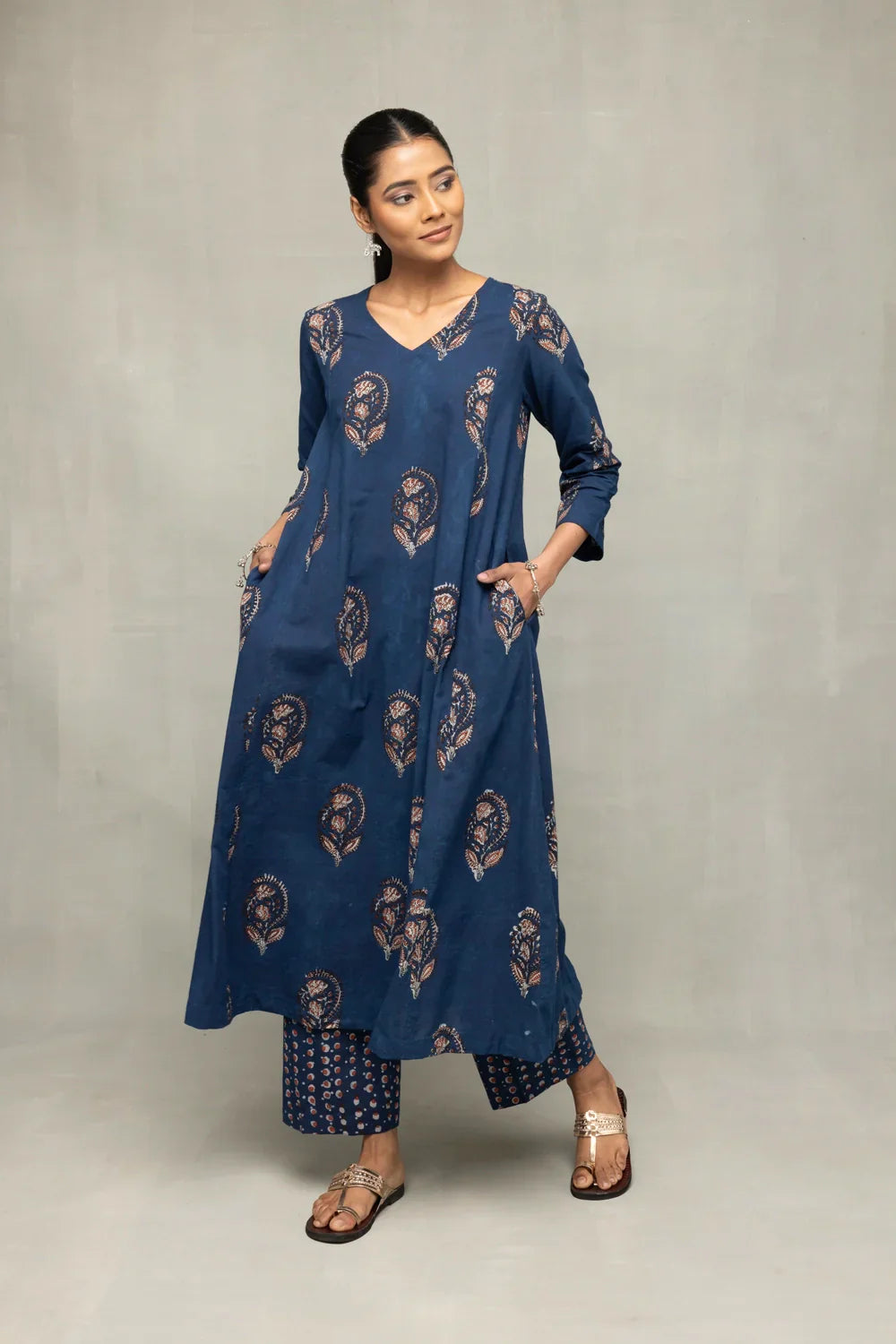 Indigo Hand Block Printed Kurta Set with Dupatta  | SHOBITAM