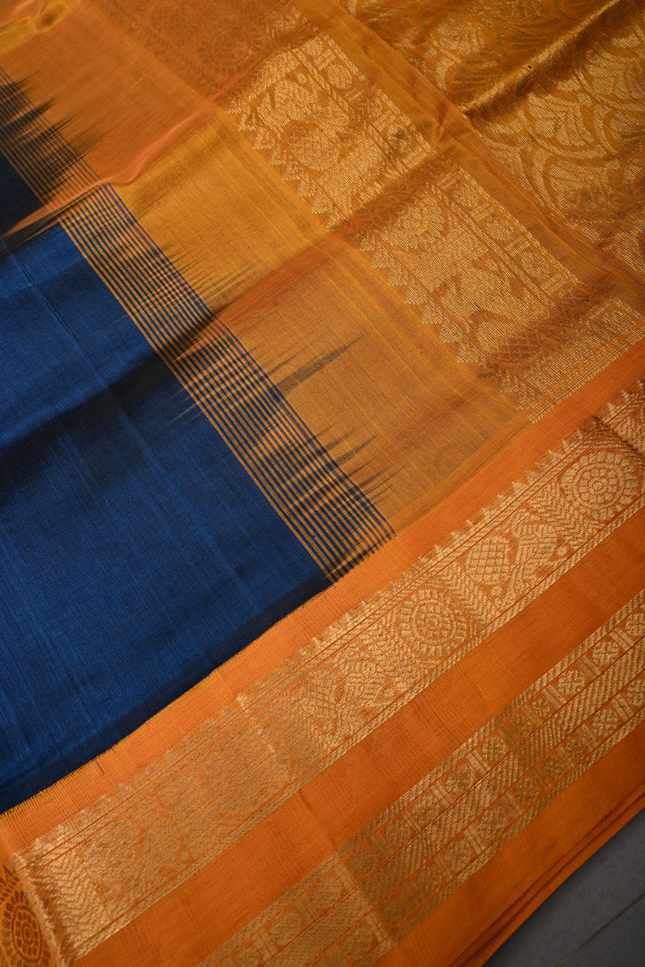 Prussian Blue 9 Yards Madisar Silk Cotton Saree with Contrast Zari Border ,No Blouse Piece