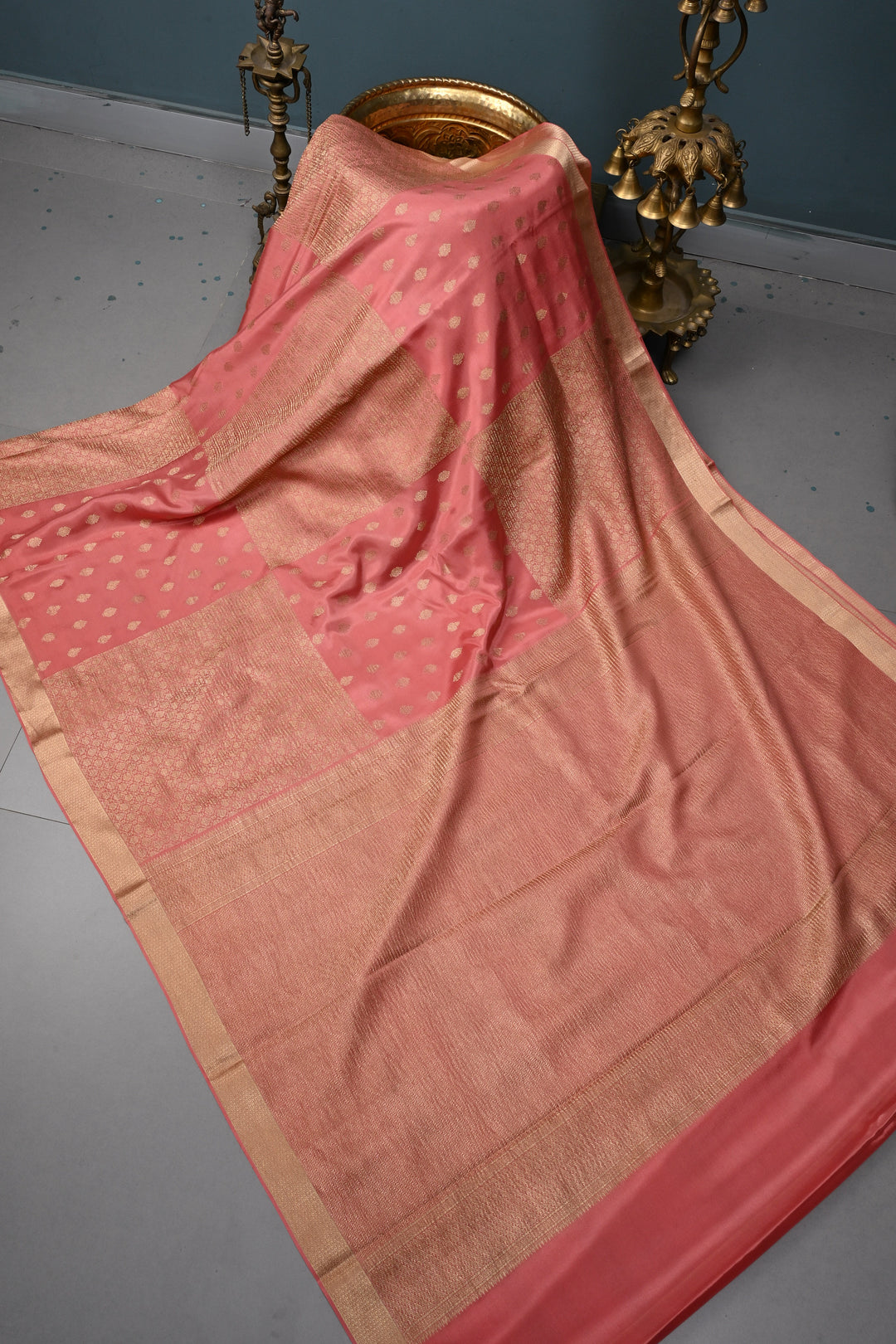 Peachy Pink Mysore Silk Saree with Brocade-Zari Buttas Grid Design and Minimal Zari Border | SILK MARK CERTIFIED | SHOBITAM