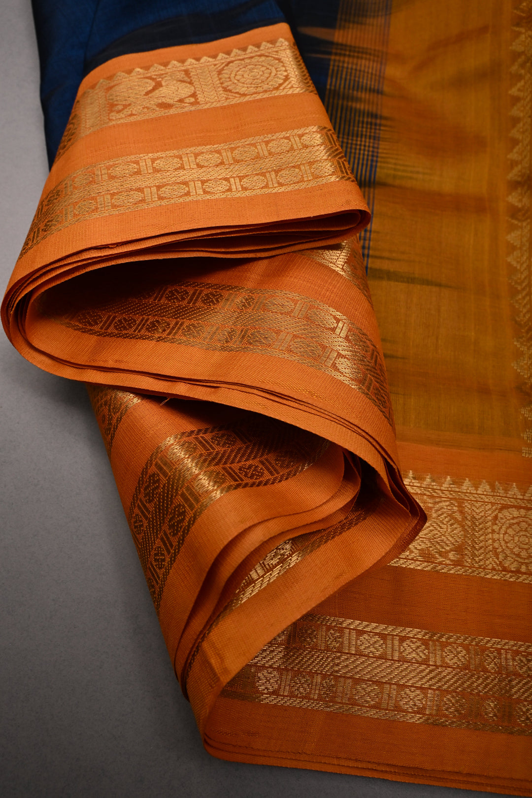 Prussian Blue 9 Yards Madisar Silk Cotton Saree with Contrast Zari Border ,No Blouse Piece