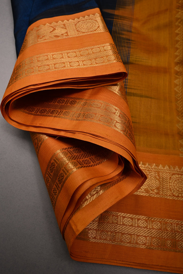 Prussian Blue 9 Yards Madisar Silk Cotton Saree with Contrast Zari Border ,No Blouse Piece