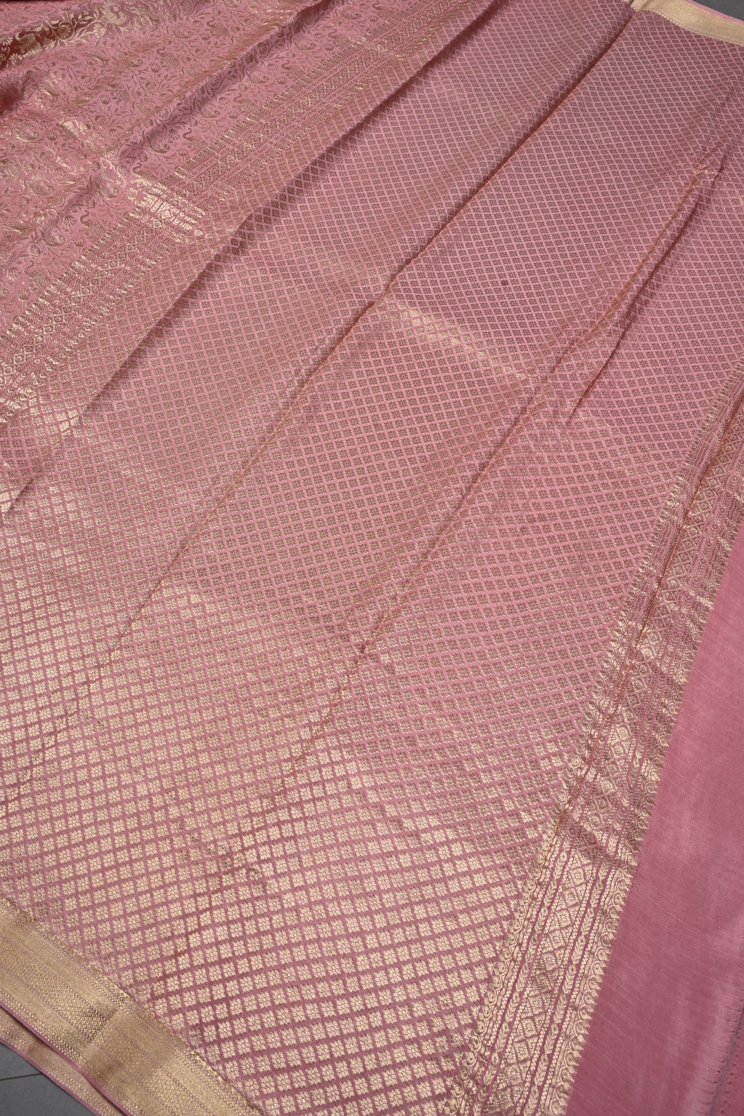 Rose Pink Mysore Silk Saree with Vanasingaram Brocade Jaal and Minimal Zari Border | SILK MARK CERTIFIED | SHOBITAM