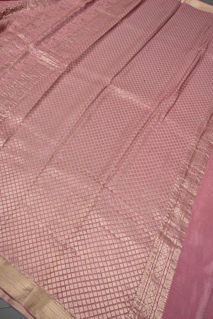 Rose Pink Mysore Silk Saree with Vanasingaram Brocade Jaal and Minimal Zari Border | SILK MARK CERTIFIED | SHOBITAM
