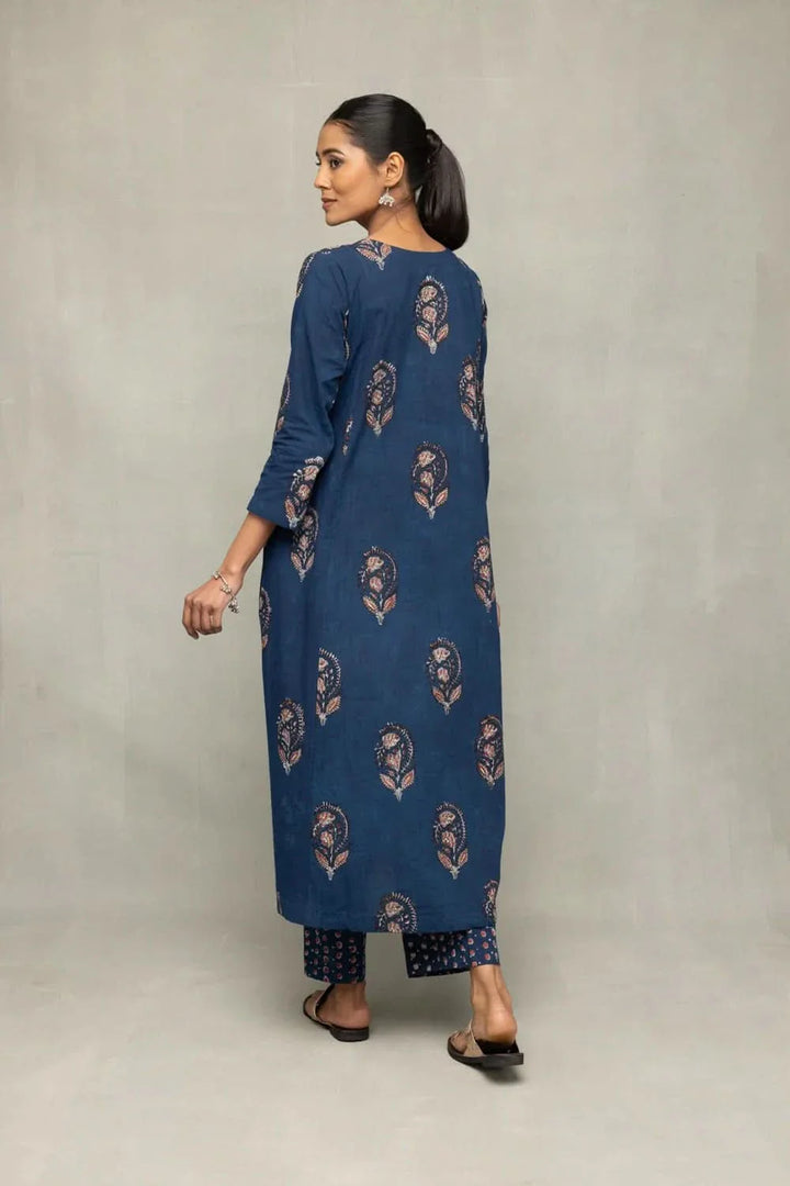 Indigo Hand Block Printed Kurta Set with Dupatta  | SHOBITAM