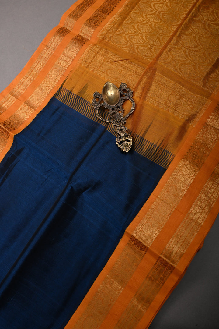 Prussian Blue 9 Yards Madisar Silk Cotton Saree with Contrast Zari Border ,No Blouse Piece