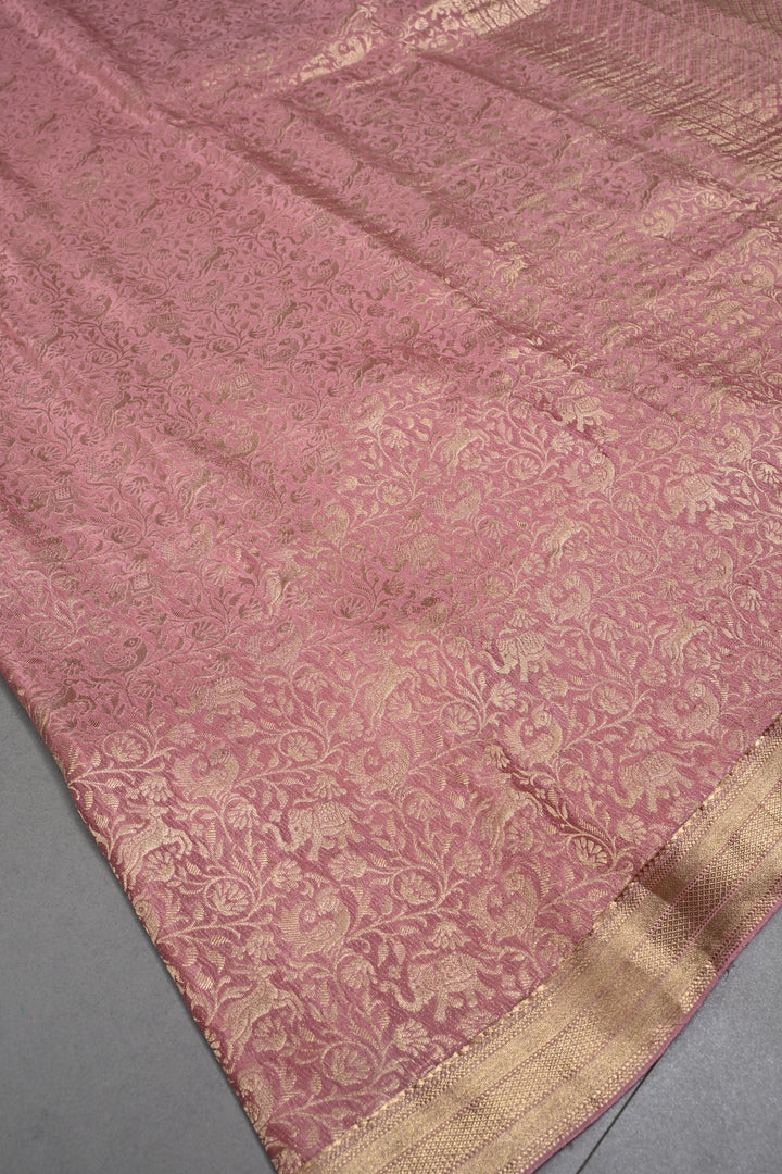 Rose Pink Mysore Silk Saree with Vanasingaram Brocade Jaal and Minimal Zari Border | SILK MARK CERTIFIED | SHOBITAM