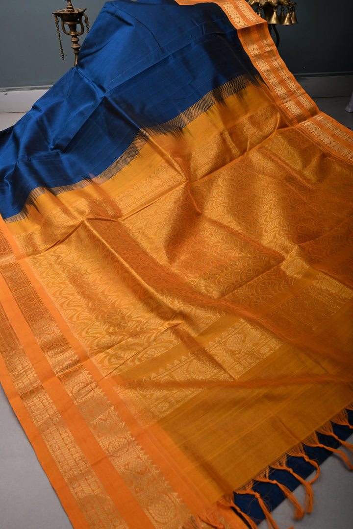 Prussian Blue 9 Yards Madisar Silk Cotton Saree with Contrast Zari Border ,No Blouse Piece