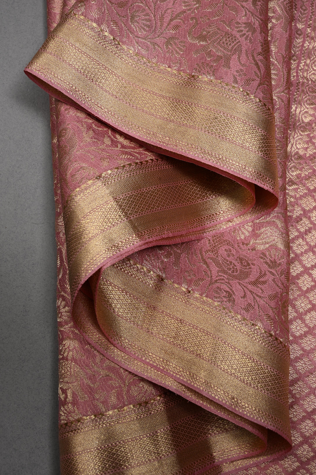 Rose Pink Mysore Silk Saree with Vanasingaram Brocade Jaal and Minimal Zari Border | SILK MARK CERTIFIED | SHOBITAM