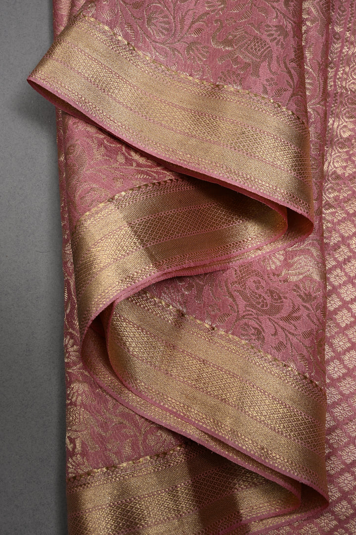 Rose Pink Mysore Silk Saree with Vanasingaram Brocade Jaal and Minimal Zari Border | SILK MARK CERTIFIED | SHOBITAM