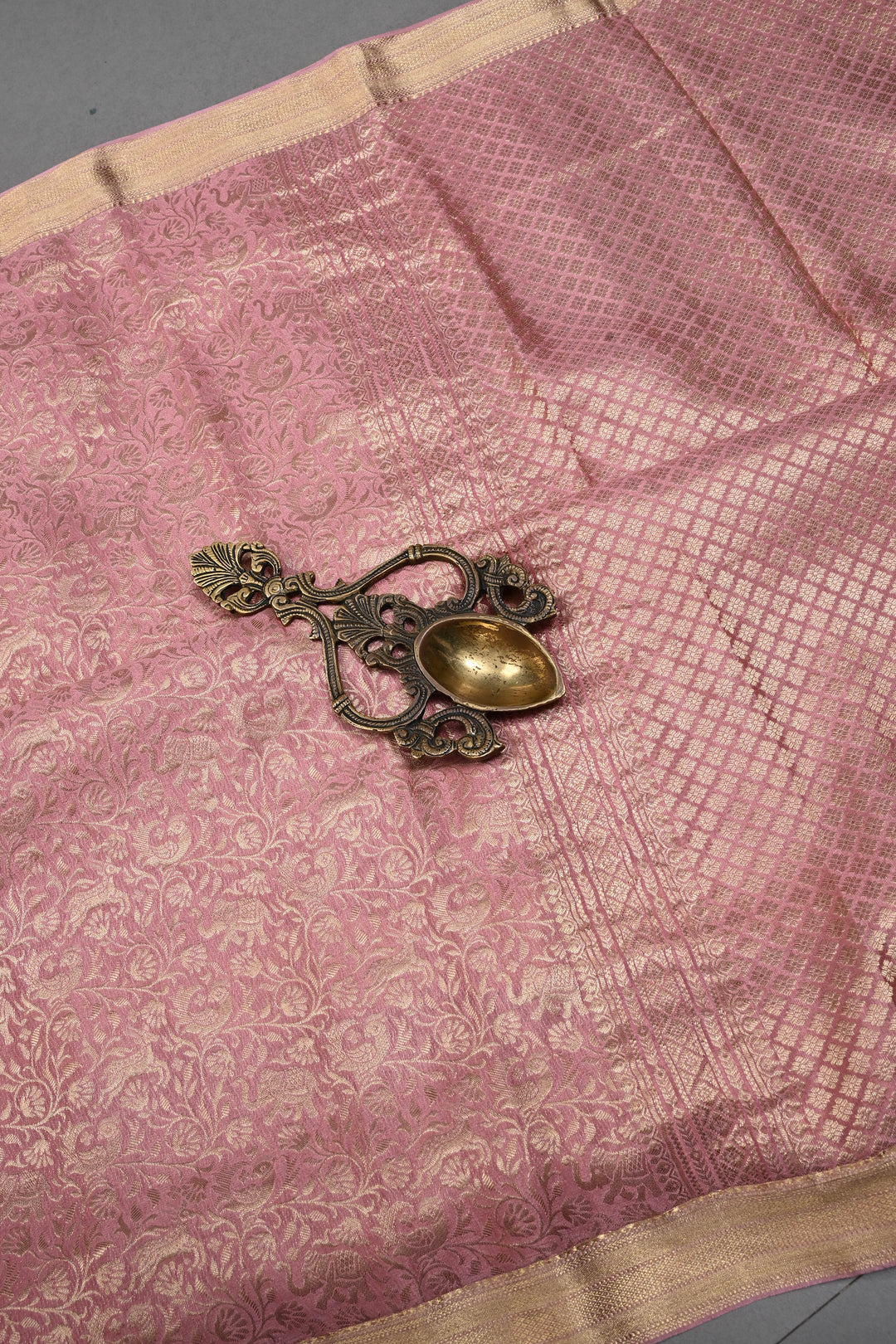 Rose Pink Mysore Silk Saree with Vanasingaram Brocade Jaal and Minimal Zari Border | SILK MARK CERTIFIED | SHOBITAM