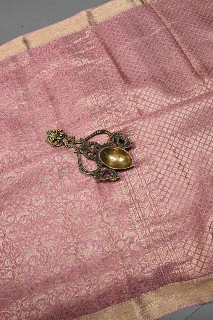Rose Pink Mysore Silk Saree with Vanasingaram Brocade Jaal and Minimal Zari Border | SILK MARK CERTIFIED | SHOBITAM