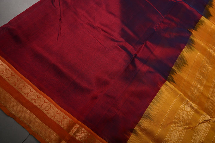 Maroon 9 Yards Madisar Silk Cotton Saree with Contrast Minimal Zari Border ,No Blouse Piece
