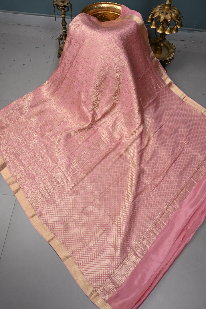Rose Pink Mysore Silk Saree with Vanasingaram Brocade Jaal and Minimal Zari Border | SILK MARK CERTIFIED | SHOBITAM