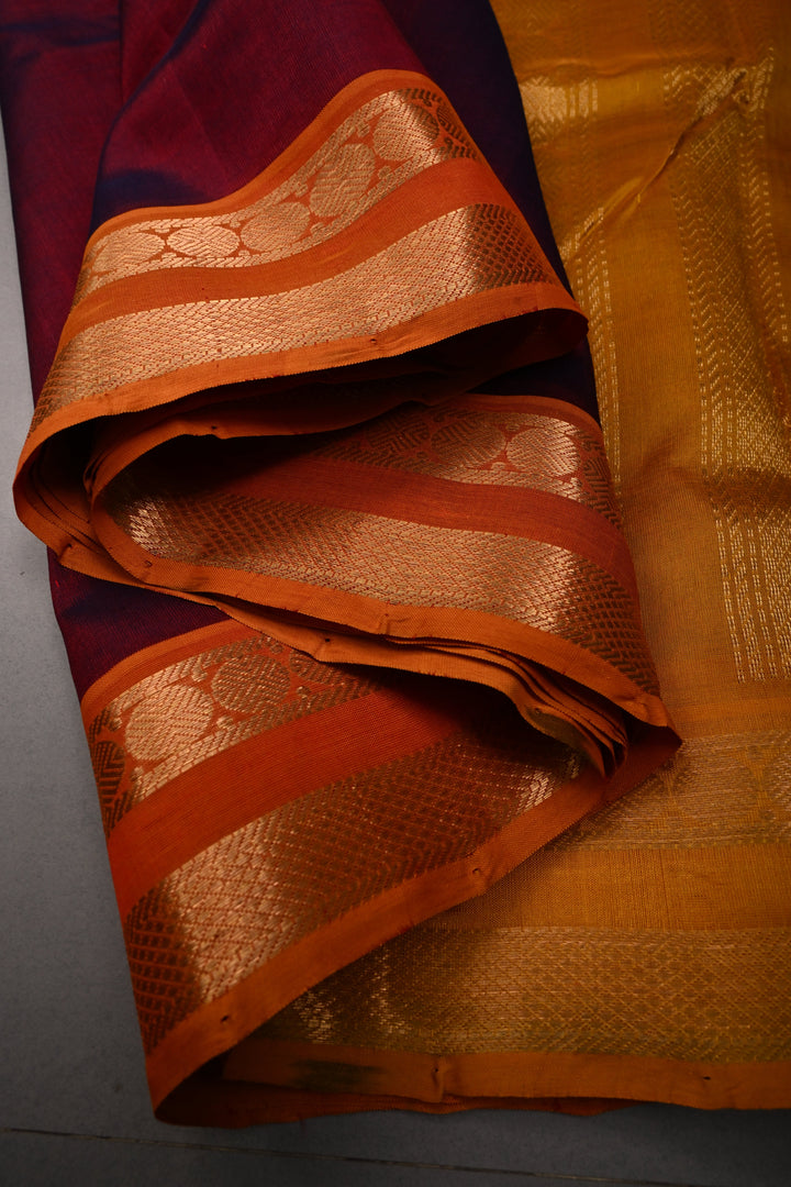 Maroon 9 Yards Madisar Silk Cotton Saree with Contrast Minimal Zari Border ,No Blouse Piece