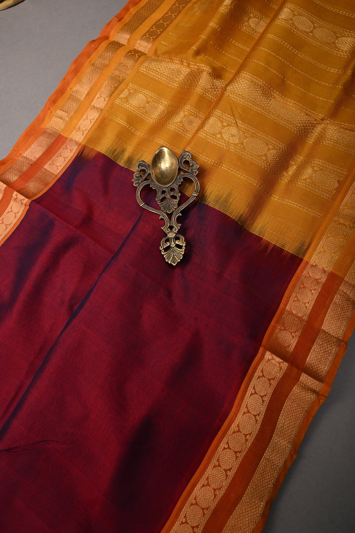 Maroon 9 Yards Madisar Silk Cotton Saree with Contrast Minimal Zari Border ,No Blouse Piece