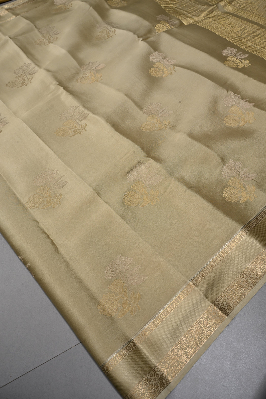 Taupe Mysore Silk Saree with Gold-Silver Floral Zari Buttas and Zari Border | SILK MARK CERTIFIED | SHOBITAM