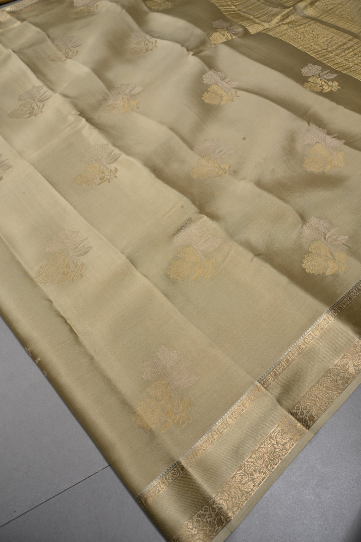 Taupe Mysore Silk Saree with Gold-Silver Floral Zari Buttas and Zari Border | SILK MARK CERTIFIED | SHOBITAM