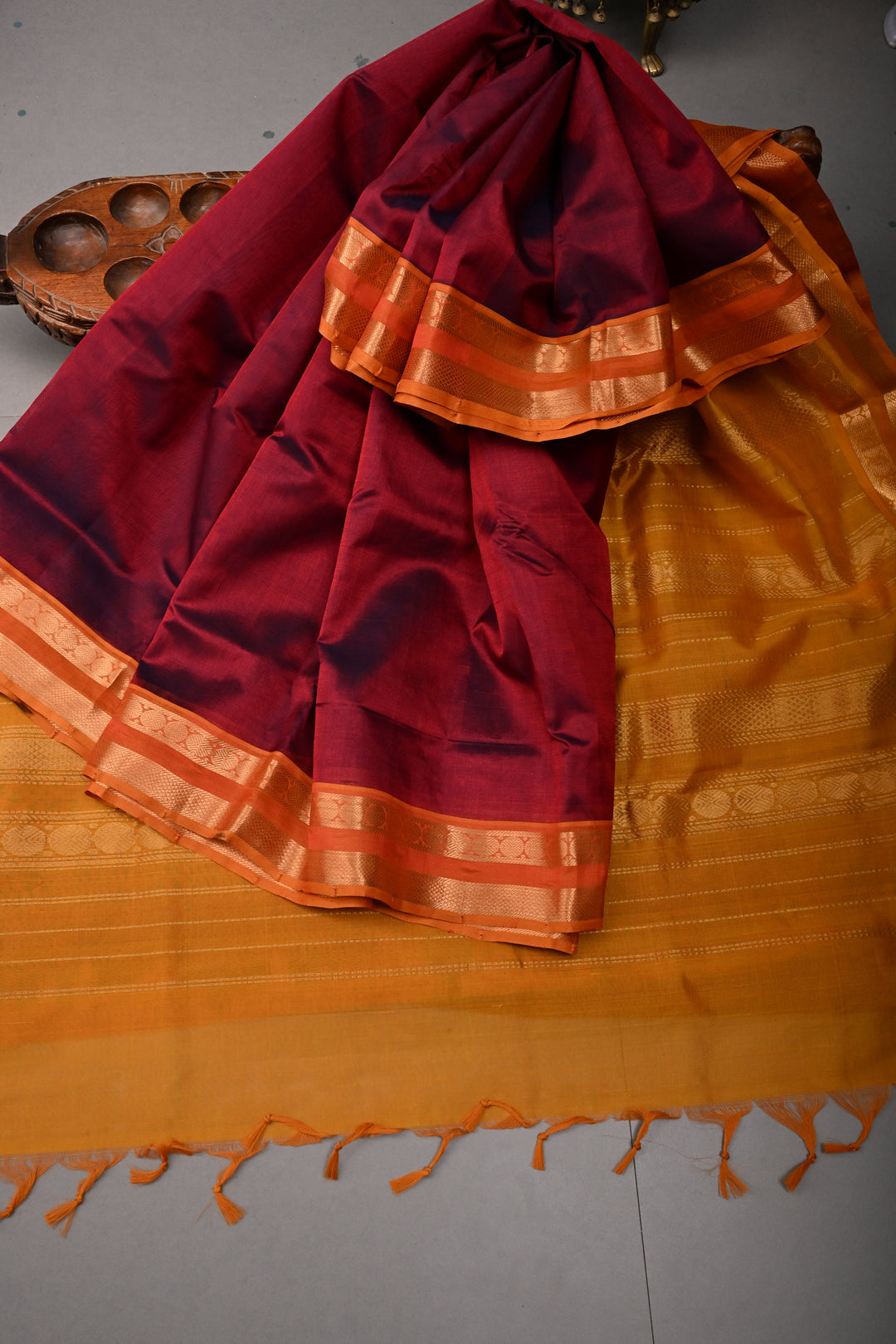 Maroon 9 Yards Madisar Silk Cotton Saree with Contrast Minimal Zari Border ,No Blouse Piece