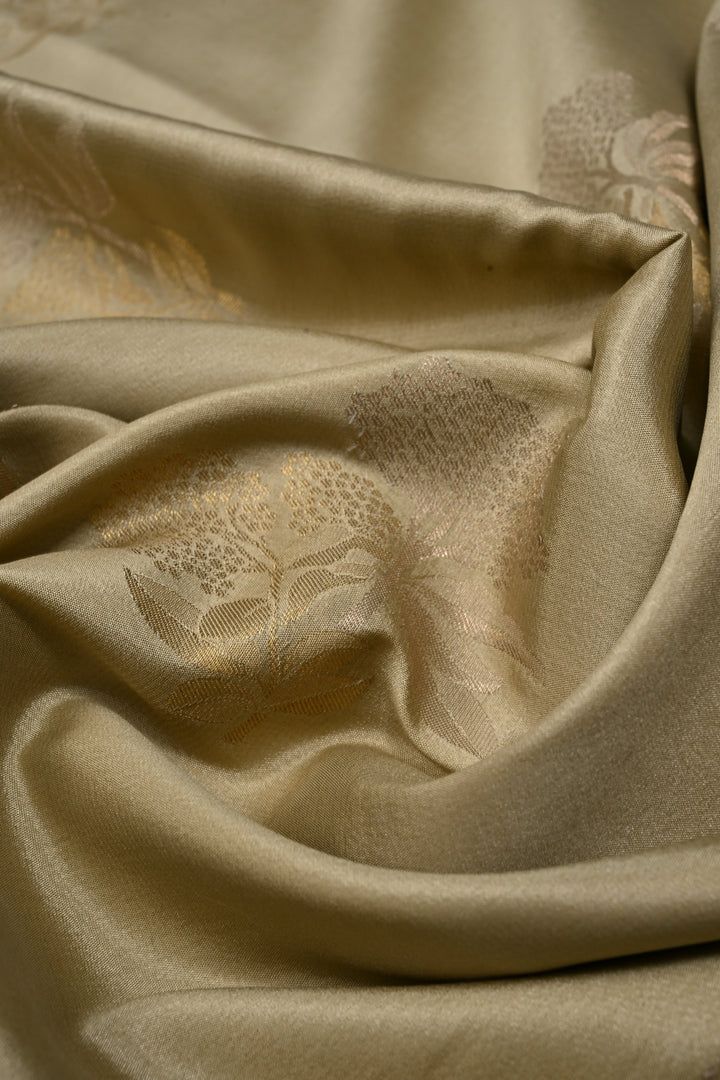 Taupe Mysore Silk Saree with Gold-Silver Floral Zari Buttas and Zari Border | SILK MARK CERTIFIED | SHOBITAM