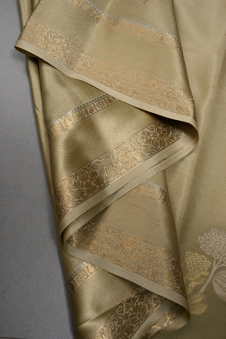 Taupe Mysore Silk Saree with Gold-Silver Floral Zari Buttas and Zari Border | SILK MARK CERTIFIED | SHOBITAM
