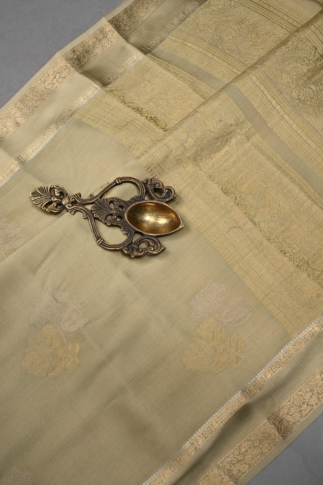 Taupe Mysore Silk Saree with Gold-Silver Floral Zari Buttas and Zari Border | SILK MARK CERTIFIED | SHOBITAM