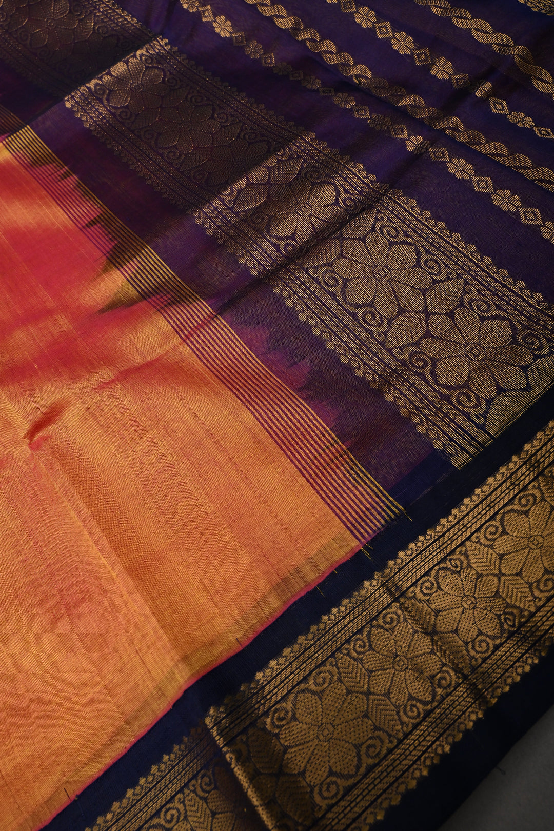 Mustard-Pink Dual Tone 9 Yards Madisar Silk Cotton Saree with Contrast Minimal Zari Border ,No Blouse Piece