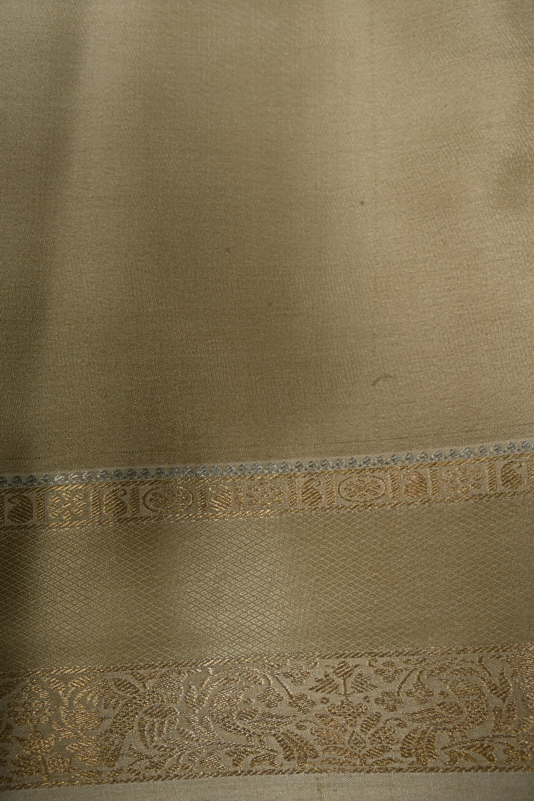 Taupe Mysore Silk Saree with Gold-Silver Floral Zari Buttas and Zari Border | SILK MARK CERTIFIED | SHOBITAM