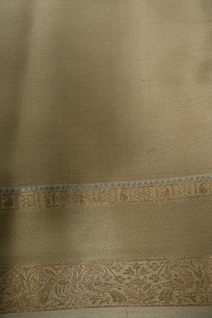 Taupe Mysore Silk Saree with Gold-Silver Floral Zari Buttas and Zari Border | SILK MARK CERTIFIED | SHOBITAM