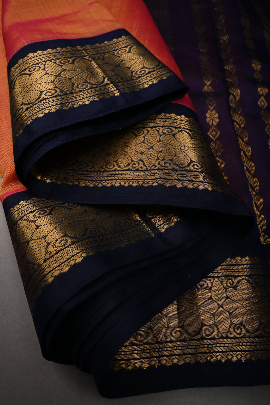 Mustard-Pink Dual Tone 9 Yards Madisar Silk Cotton Saree with Contrast Minimal Zari Border ,No Blouse Piece