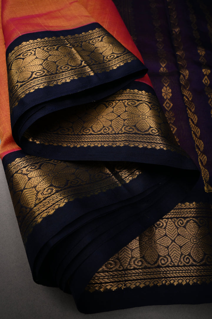 Mustard-Pink Dual Tone 9 Yards Madisar Silk Cotton Saree with Contrast Minimal Zari Border ,No Blouse Piece