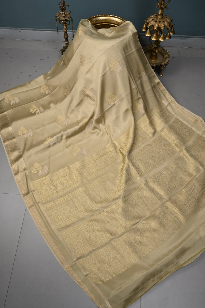 Taupe Mysore Silk Saree with Gold-Silver Floral Zari Buttas and Zari Border | SILK MARK CERTIFIED | SHOBITAM