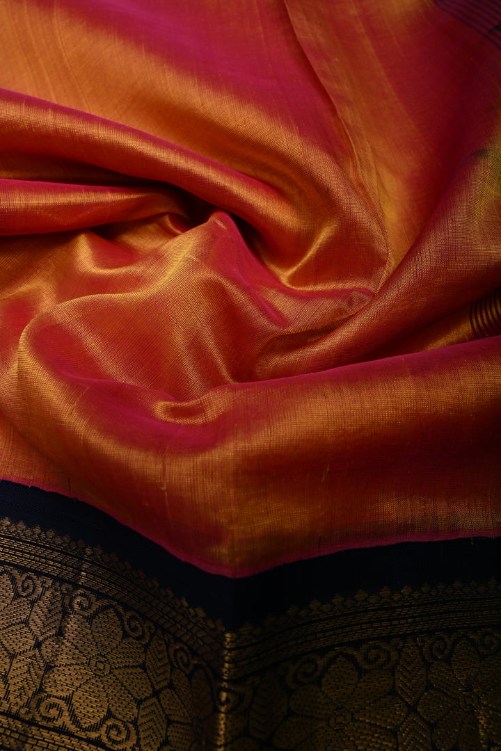 Mustard-Pink Dual Tone 9 Yards Madisar Silk Cotton Saree with Contrast Minimal Zari Border ,No Blouse Piece