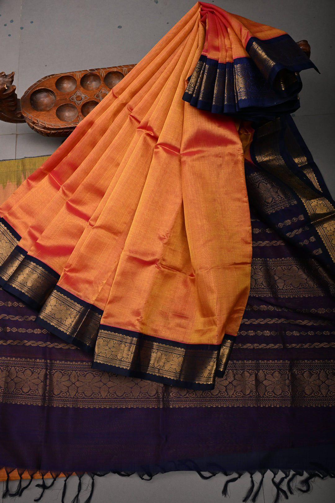Mustard-Pink Dual Tone 9 Yards Madisar Silk Cotton Saree with Contrast Minimal Zari Border ,No Blouse Piece