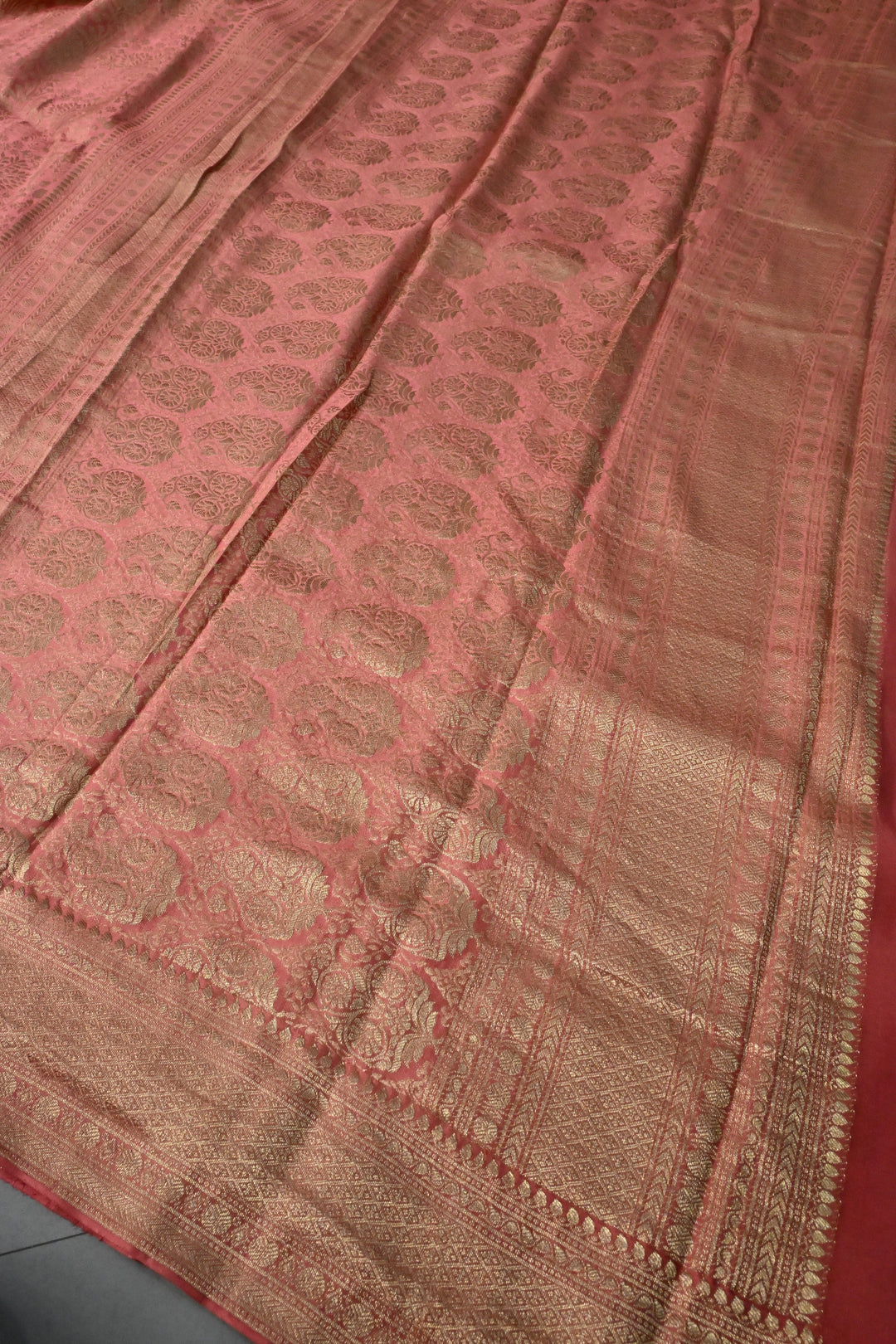 Light Rose Pink Mysore Silk Saree with Floral Zari Brocade Jaal and Zari Border | SILK MARK CERTIFIED | SHOBITAM