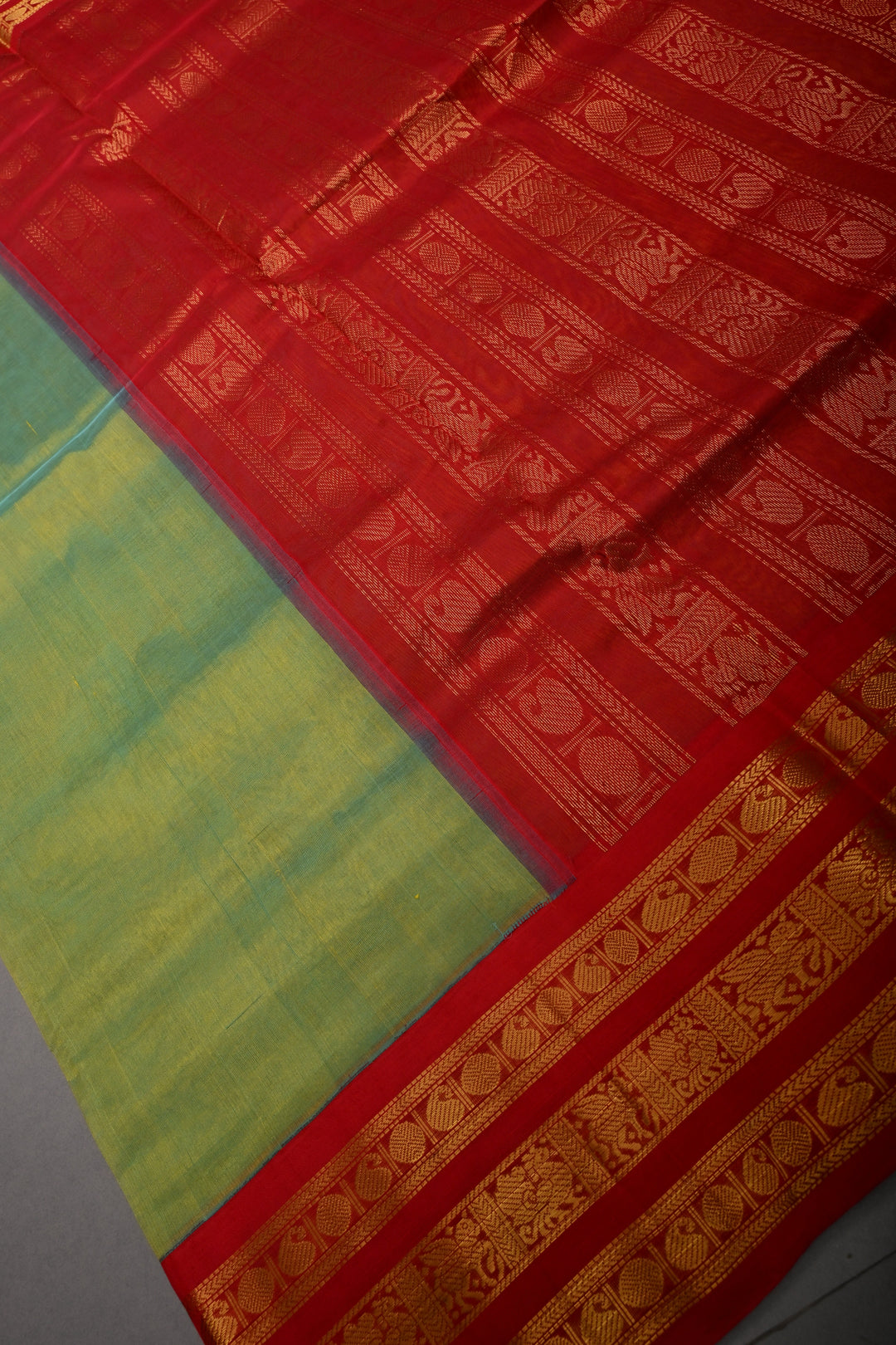 Green-Mustard Dula Tone 9 Yards Madisar Silk Cotton Saree with Contrast Zari Border ,No Blouse Piece