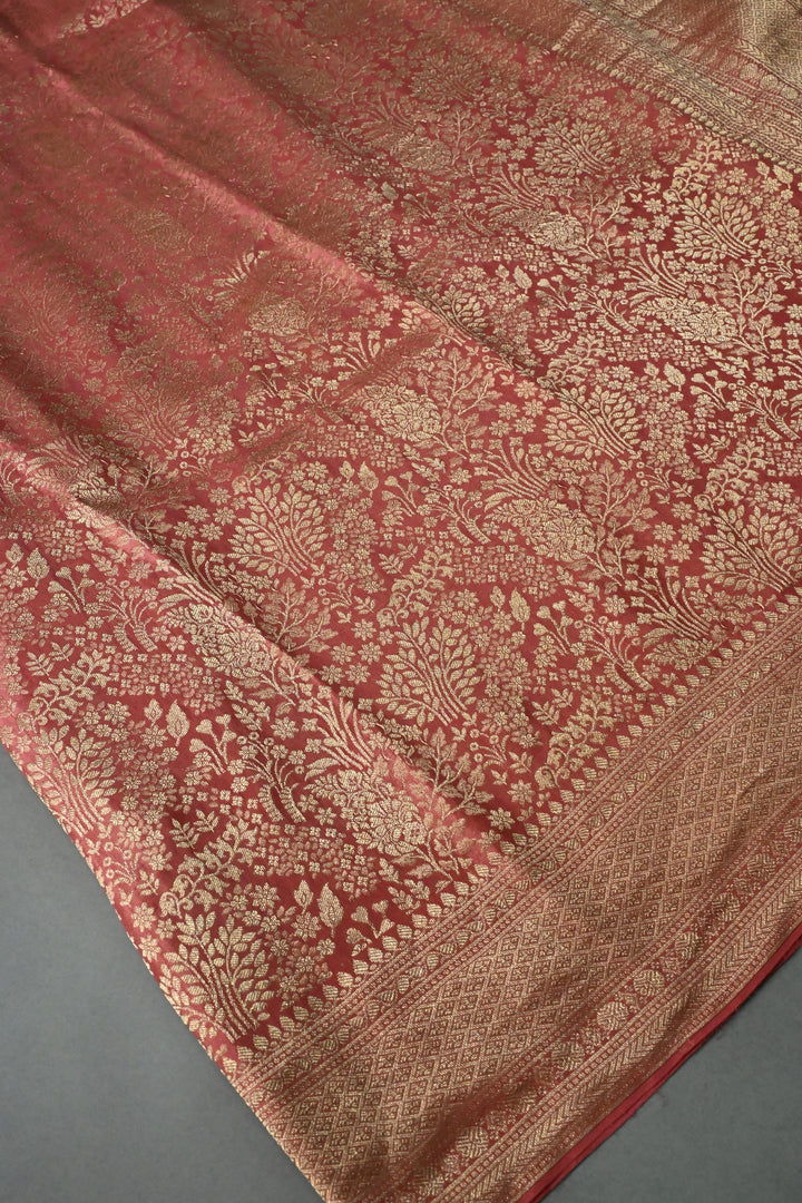 Light Rose Pink Mysore Silk Saree with Floral Zari Brocade Jaal and Zari Border | SILK MARK CERTIFIED | SHOBITAM