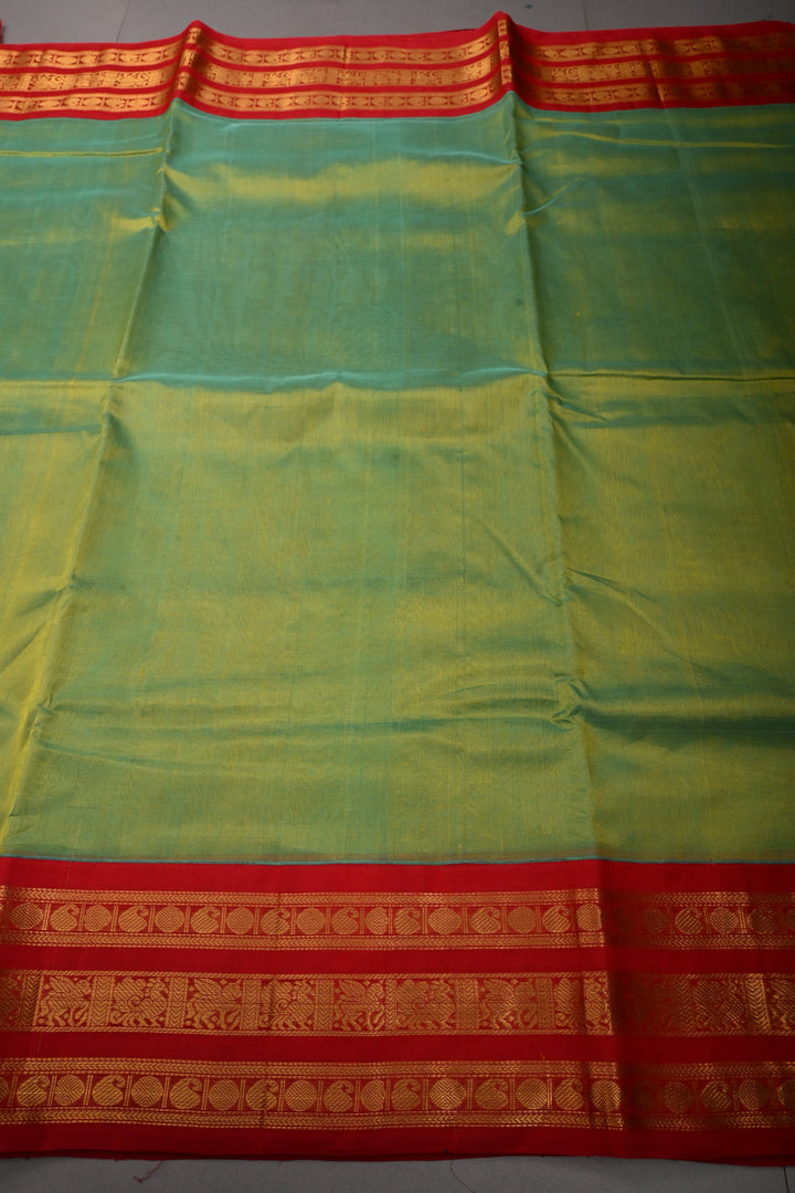 Green-Mustard Dula Tone 9 Yards Madisar Silk Cotton Saree with Contrast Zari Border ,No Blouse Piece