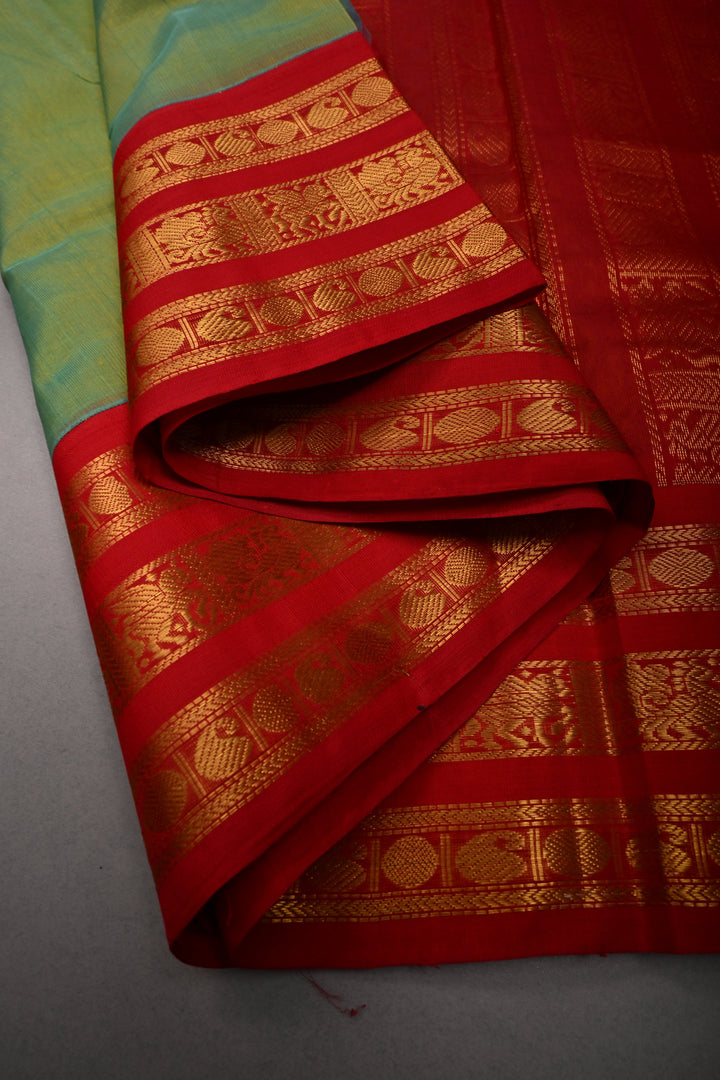 Green-Mustard Dula Tone 9 Yards Madisar Silk Cotton Saree with Contrast Zari Border ,No Blouse Piece